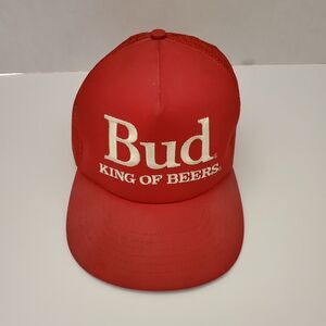 Vintage Bud King Of Beers Snapback Trucker Hat Advertising Mesh, Red